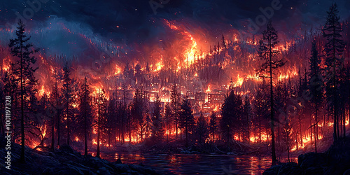 A fire is burning in the woods and the sky is dark photo