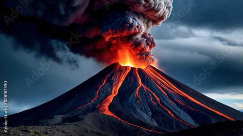 A volcano with a large, red, glowing lava flow photo