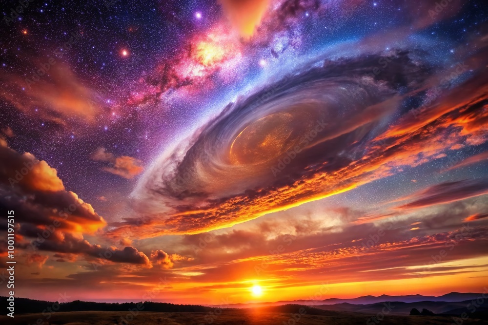 Galactic horizon stretches across the frame, with vibrant swirling clouds of orange, pink, and purple hues illuminated Galactic horizon stretches across the frame, with vibrant swirling clouds of orange, pink, and purple hues illuminated