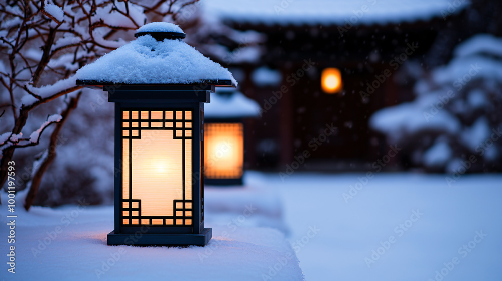Serene Japanese Garden Lanterns Illuminated During a Quiet Snowy Night Serene Japanese Garden Lanterns Illuminated During a Quiet Snowy Night