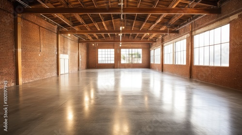 An empty, well-lit studio inside a massive warehouse hall with exposed beams, high ceilings, and polished concrete floors, ideal for photo or video shoots