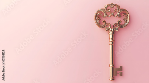 Vintage Brass Skeleton Key on Pink Pastel Background