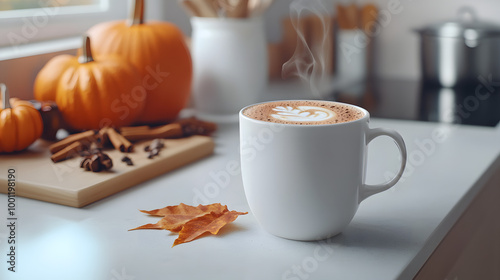 Fototapeta Naklejka Na Ścianę i Meble -  Pumpkin Spice Coffee with Leaf Art