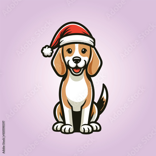 A beagle wearing Christmas hat in sitting Vector illustration, BeagleDog Isolated Design