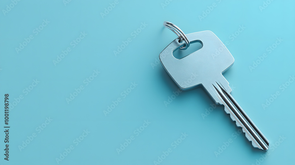 Modern Silver House Key on Blue Pastel Background Modern Silver House Key on Blue Pastel Background