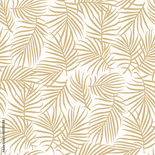 Golden palm leaf pattern. Gold and white vector seamless botanical ornament. Stylish minimal background with tropicals plants, leaves. Simple floral texture. Repeated design for decor, print, textile