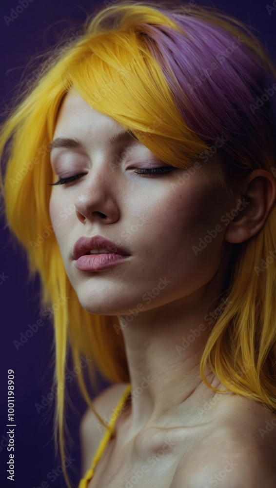 Profile view of person with long vibrant yellow hair and gradient purple highlights Profile view of person with long vibrant yellow hair and gradient purple highlights