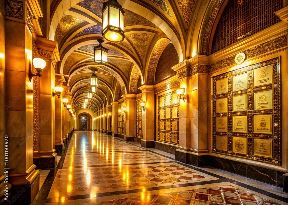 Golden plaques adorned with names and dates line the walls of a stately, dimly lit corridor, surrounded by Golden plaques adorned with names and dates line the walls of a stately, dimly lit corridor, surrounded by