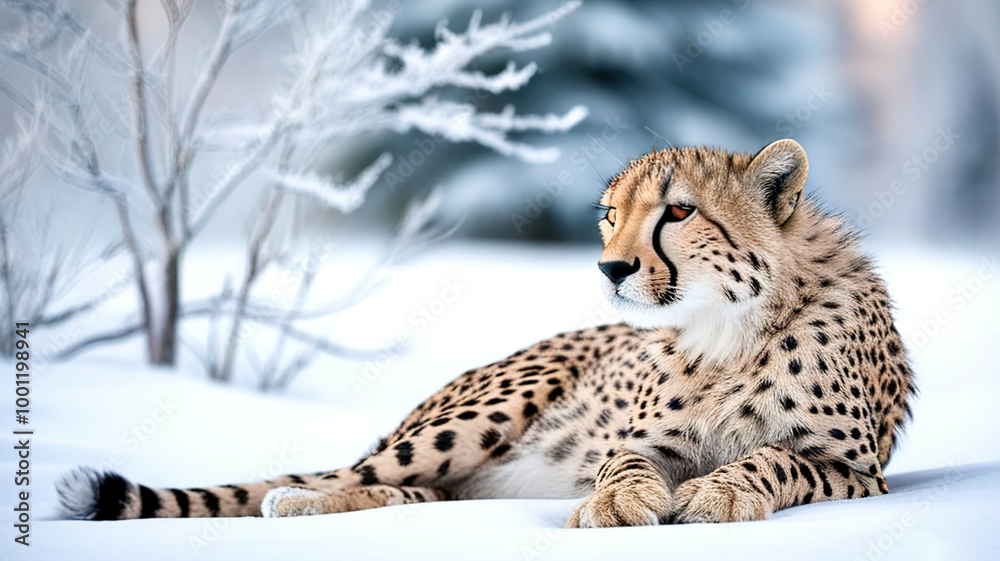 Obraz premium A cheetah is laying in the snow, looking at the camera