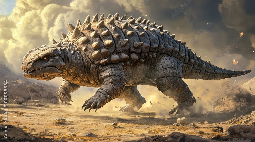 Fototapeta premium Artistic representation of an Ankylosaurus in a defensive pose, with its armored body and clubbed tail ready to strike. Prehistoric defense in action.