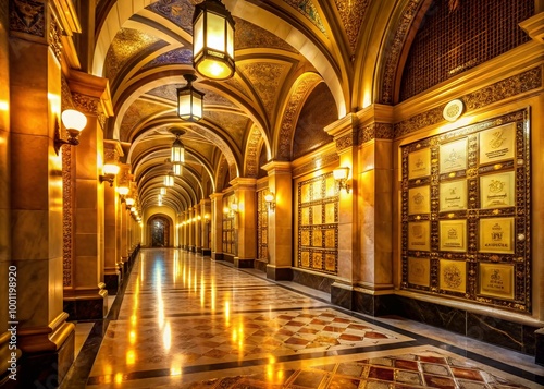 Golden plaques adorned with names and dates line the walls of a stately, dimly lit corridor, surrounded by