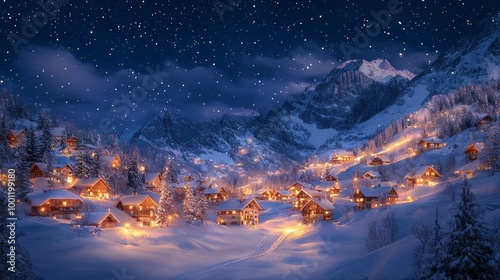 Wallpaper Mural Snow-covered village at night with glowing lights and starry sky Torontodigital.ca