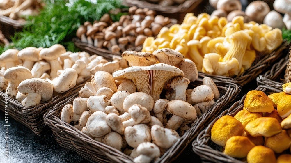Assorted gourmet mushrooms in various shapes and vibrant colors, displayed in baskets on a bright, clean surface for a fresh and juicy appeal. Assorted gourmet mushrooms in various shapes and vibrant colors, displayed in baskets on a bright, clean surface for a fresh and juicy appeal.