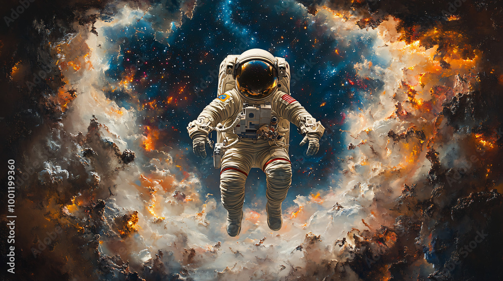 Fototapeta premium A man wearing a spacesuit is flying into a black abyss.