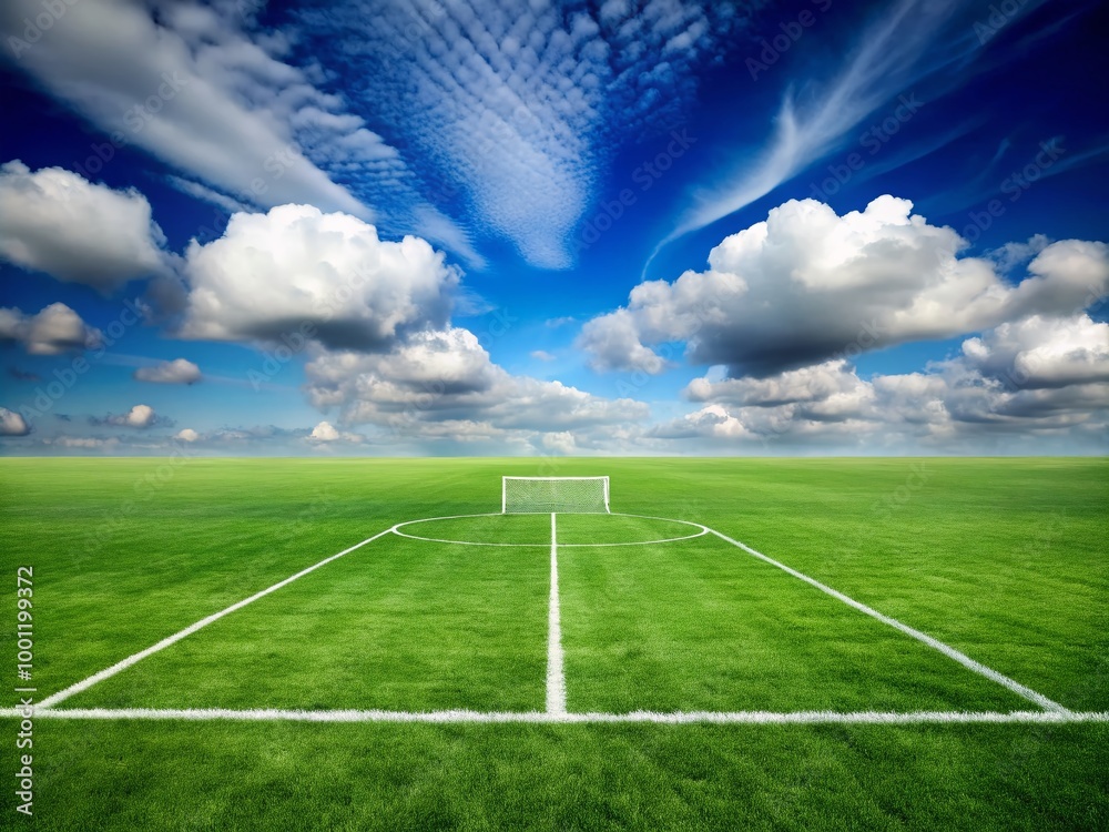 Obraz premium Green grassy field with white lines and goals at each end, surrounded by blue sky and fluffy white