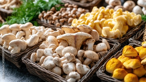 Assorted gourmet mushrooms in various shapes and vibrant colors, displayed in baskets on a bright, clean surface for a fresh and juicy appeal.