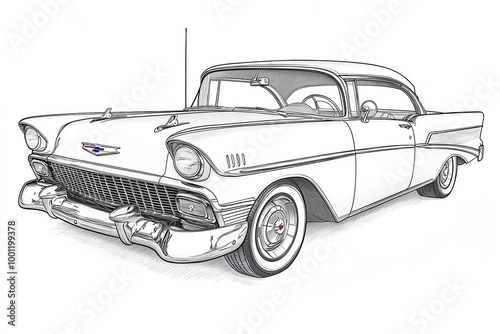 A detailed pencil sketch of a classic car with a white background.