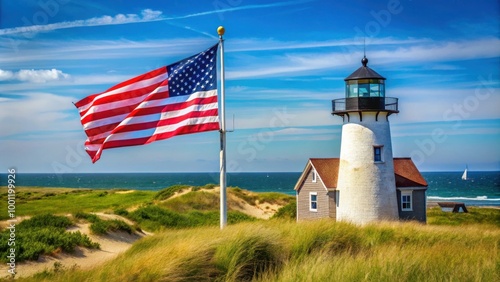 Quiet Summer Day with Nantucket Island Lighthouse and American Flag in Stock Photo