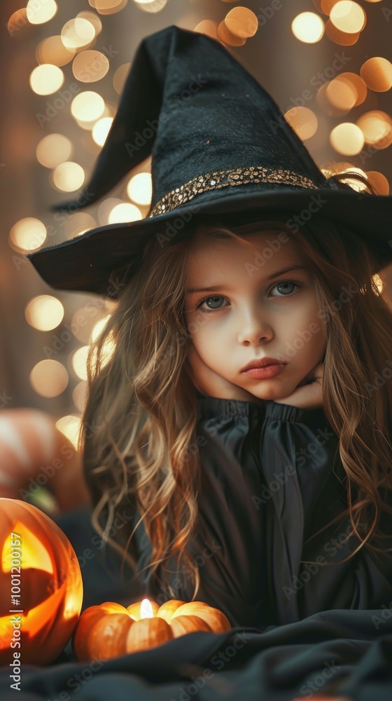 Little girl in witch costume is sad. pumpkins and autumn leaves. Halloween decorations. festive celebration, autumn.