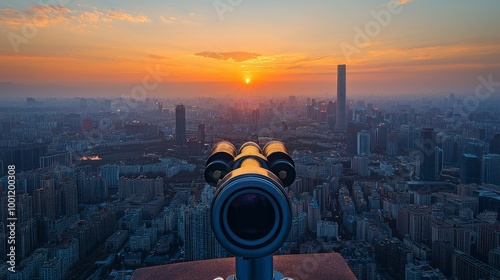 View of a city skyline at sunset through a telescope