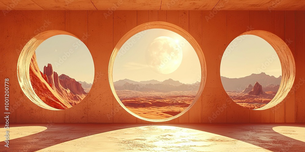 Fototapeta premium A desert landscape with a large moon in the sky
