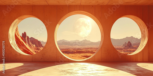 A desert landscape with a large moon in the sky
