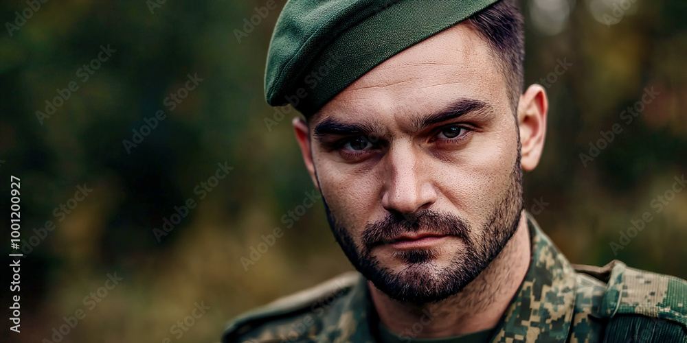 Fototapeta premium A man in a green hat and uniform is looking at the camera