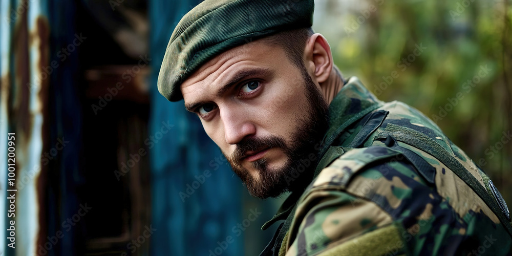 A man in a green hat and camouflage jacket is looking at the camera A man in a green hat and camouflage jacket is looking at the camera