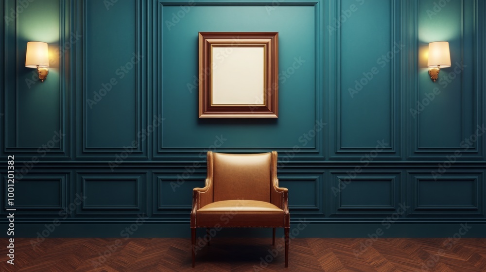 Modern pastel color studio design mockup features gold a chair in a blue room interior against classic wooden wall panels. Modern pastel color studio design mockup features gold a chair in a blue room interior against classic wooden wall panels.