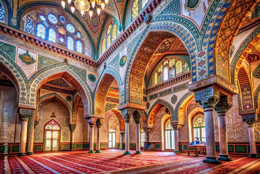 Obraz premium Intricate geometric patterns and vibrant colors adorn an ancient Arabian-inspired mosque's interior, with delicate