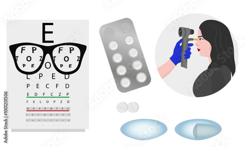 Ophthalmology oculist set vision correction eye anatomy with exam table 