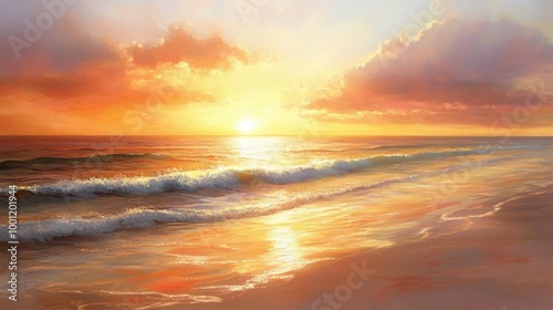 Beautiful painting of a sunset over a tranquil beach, with waves gently lapping the shore. Warm colors and soothing scene for wall art.