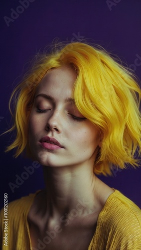 Young woman with short vibrant yellow hair and introspective expression