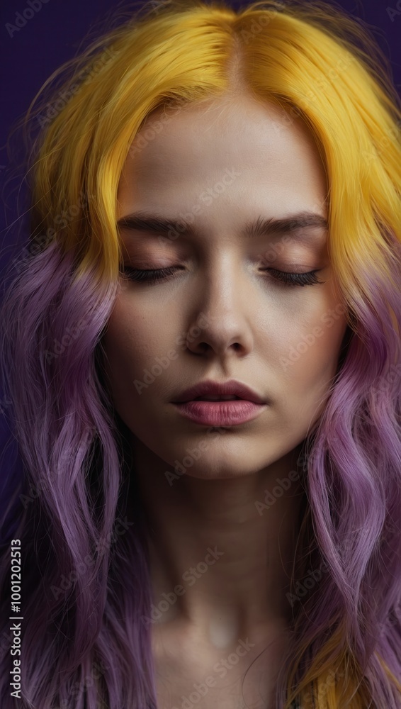 Fototapeta premium Woman with platinum blonde hair, soft pink makeup, serene expression, eyes closed