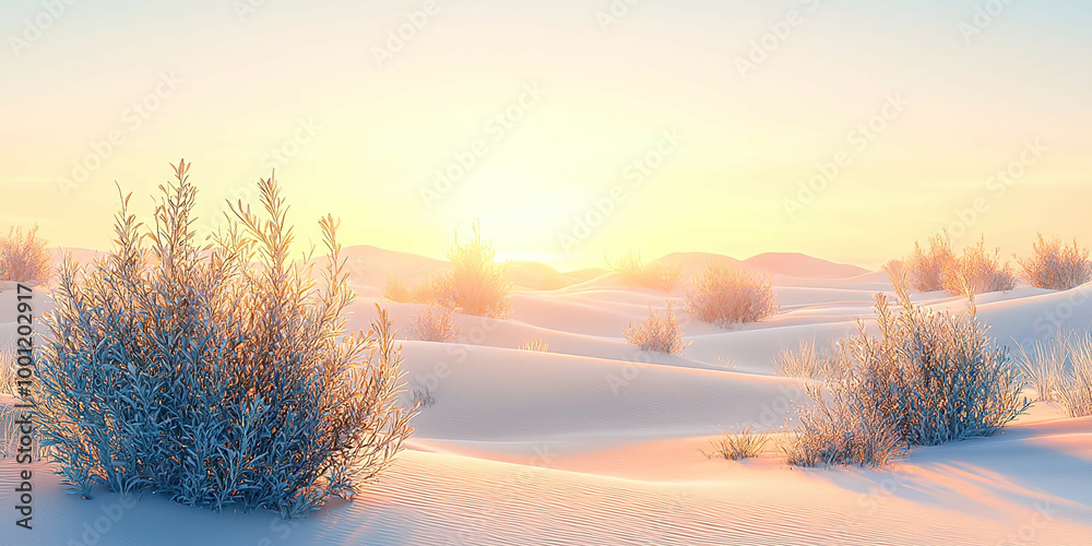 A desert landscape with a few bushes and a sun in the sky