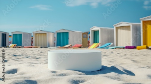 White Podium on Beach Sand with Colorful Beach Cabanas.