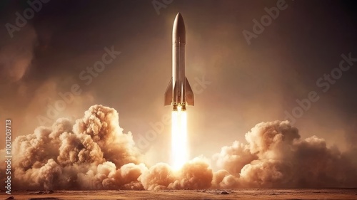 A powerful rocket launches into the sky amidst a dramatic cloud of smoke during a historic space mission