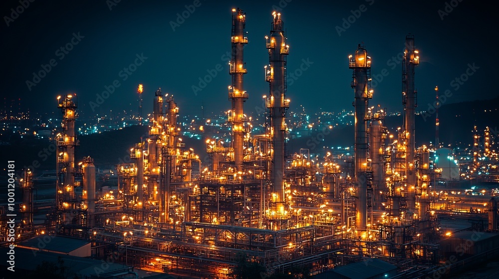 Fototapeta premium Night view of illuminated oil refinery industrial complex