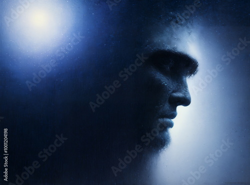 Artistic portrait of a male face, contemplative mood, dark blue abstract background