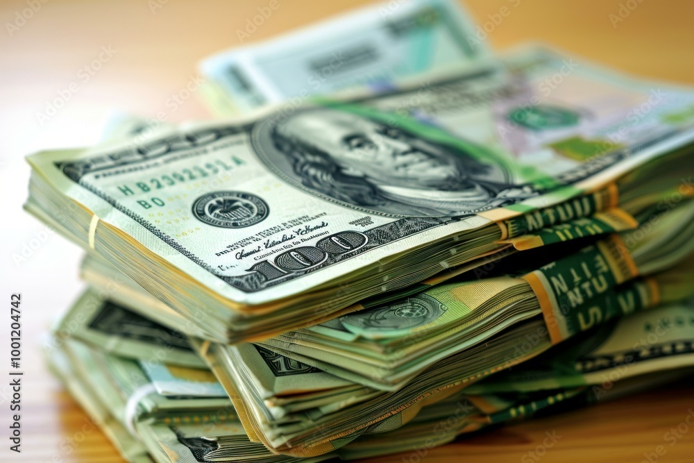 Several stacks of one hundred dollar bills with rubber bands around them sit on a desk Several stacks of one hundred dollar bills with rubber bands around them sit on a desk