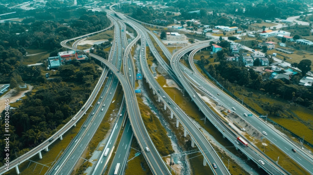 Aerial view capturing a well-organized network of highways weaving through a city's suburban region, surrounded by greenery and urban elements harmoniously. Aerial view capturing a well-organized network of highways weaving through a city's suburban region, surrounded by greenery and urban elements harmoniously.