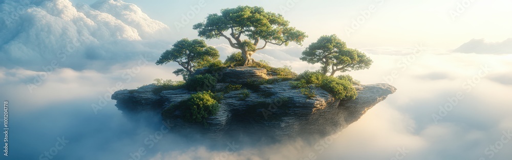 Floating island with pine trees and misty mountains in a dreamy sky Floating island with pine trees and misty mountains in a dreamy sky
