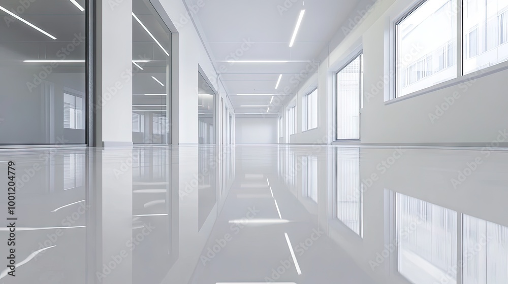 Brightly lit room with a pristine epoxy resin floor, smooth and glossy, ready for use in an office or production space. Fresh and modern look. Brightly lit room with a pristine epoxy resin floor, smooth and glossy, ready for use in an office or production space. Fresh and modern look.