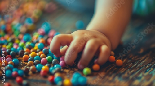 A small child's hand reaches out to grab colorful candy, highlighting a moment of simple pleasure and curiosity in play.