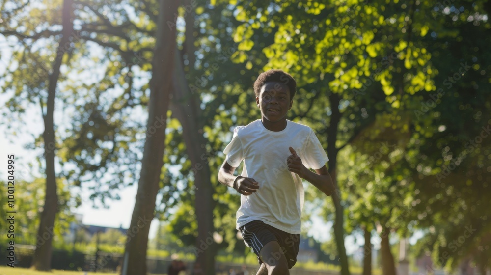 A young runner pushes forward through a sun-dappled park, embodying youthful ambition and the pursuit of physical excellence amid nature's beauty. A young runner pushes forward through a sun-dappled park, embodying youthful ambition and the pursuit of physical excellence amid nature's beauty.