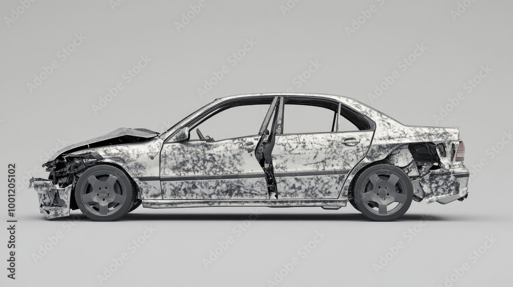 Car with a crushed side panel and deflated tires, set against a solid ...