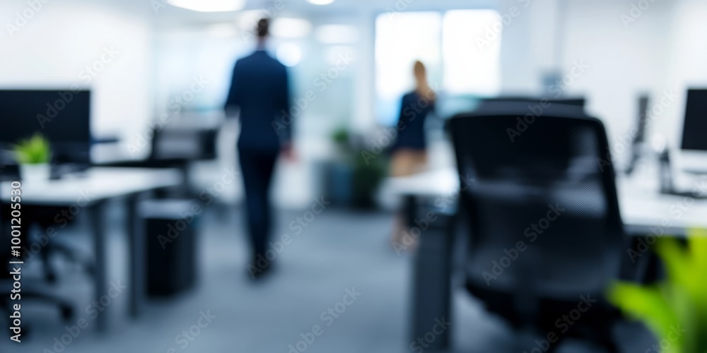 Obraz premium Professionals engaged in conversation in a modern office environment during business hours with a blurred background