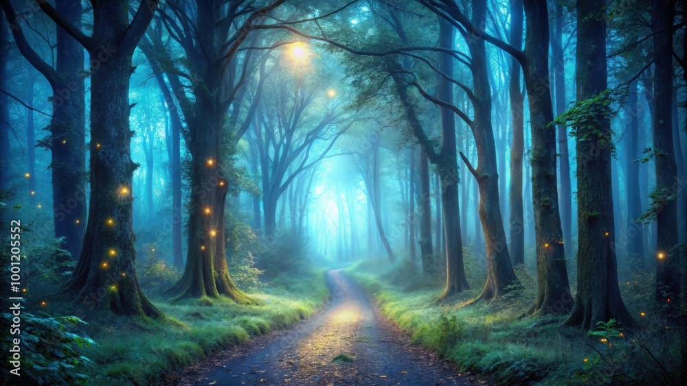 Enchanted dark forest path through eerie magical woods at night with mysterious atmosphere and foggy ambiance