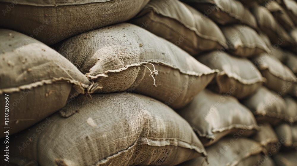 Stacked burlap sandbags arranged in a uniform pattern, creating a sense of preparedness and stability, highlighting their rough, textured surfaces. Stacked burlap sandbags arranged in a uniform pattern, creating a sense of preparedness and stability, highlighting their rough, textured surfaces.