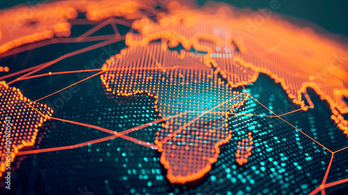 Digital world map, data connections, top view, illustrating global connectivity, futuristic tone, Vivid